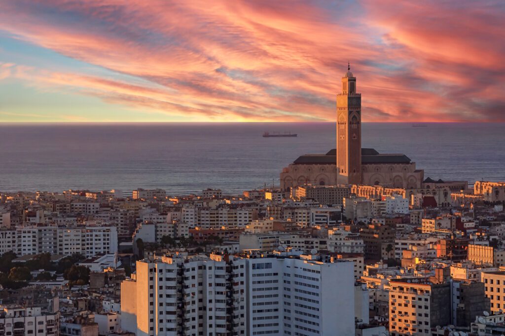 sunset,view,of,casablanca,cityscape,with,third,largest,mosque,in